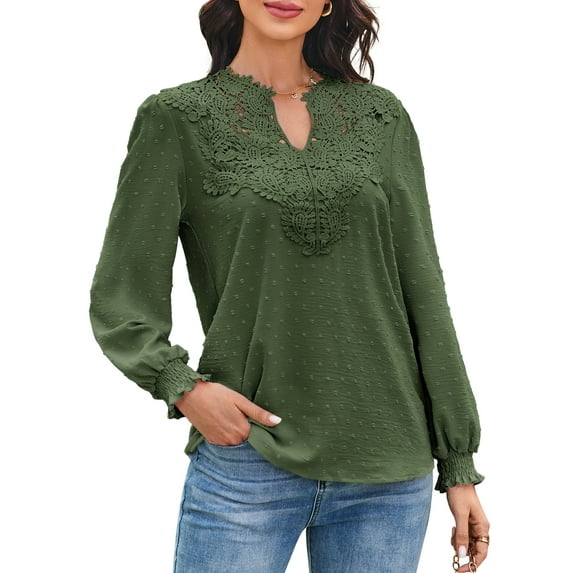 Corabera Cute Tops for Women V Neck Lace Crochet Blouse Solid Pullover Long Sleeve Shirts Green S