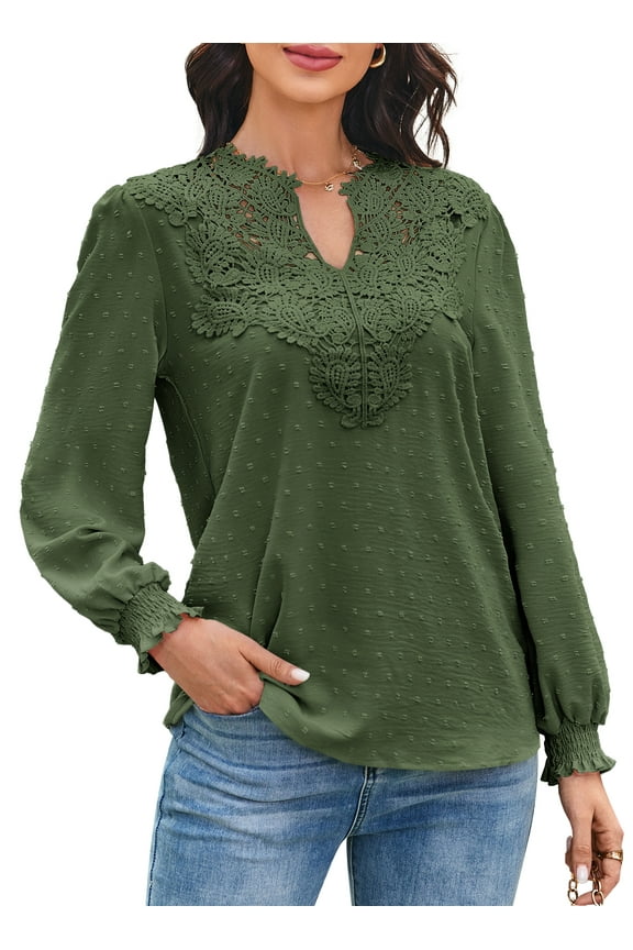 Boho Tops for Women Swiss Dots Cute Pom Pom Chiffon Blouse Lace V Neck Long Sleeve Shirts Green L