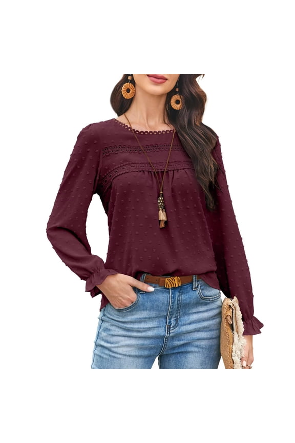 Womens Boho Tops Crewneck Pleated Fall Shirts for Women Cute Swiss Dot Going Out Tops Flowy Blouses Dressy Casual Burgundy