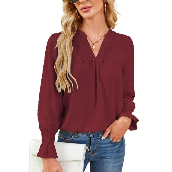 Corabera Plus Size Tops for Women V Neck Crochet Lace Blouses Dressy Casual Ruffle Sleeve Flowy Shirts Cute Swiss Dot Tops Burgundy XXL