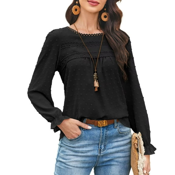 Corabera Blouses for Women Dressy Casual Crew Neck Crochet Lace Tops Ruffle Long Sleeve Shirts Flowy Fall Clothes Black Going Out Top