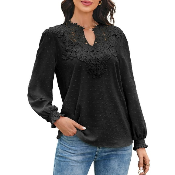 Corabera Womens Tops Dressy Casual Lace V Neck Long Sleeve Shirts Boho Blouses for Women Black XL