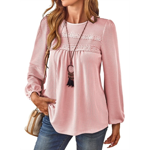 Corabera Womens Fall Tops Ribbed Boho Tops for Women Loose Puffed Sleeve Flowy Shirts Round Neck Peasant Blouse Dressy Pink L