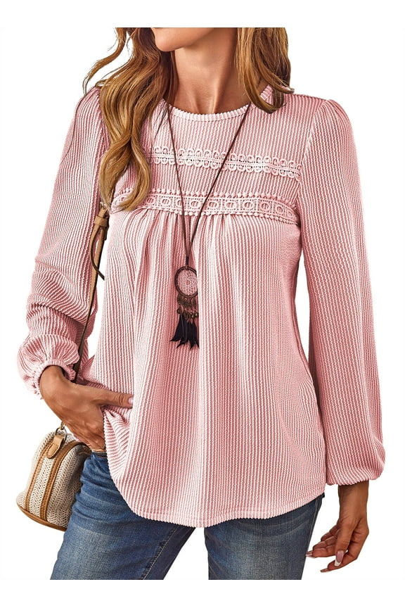 Womens Fall Tops Ribbed Boho Tops for Women Loose Puffed Sleeve Flowy Shirts Round Neck Peasant Blouse Dressy Pink L