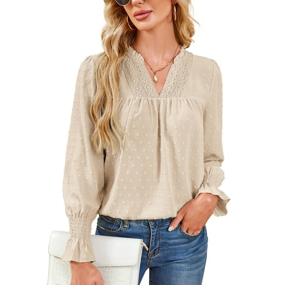 Corabera Lace Blouses for Women Dressy Casual V Neck Ruffle Sleeve Tops for Women Swiss Dot Flowy Long Sleeve Shirts Apricot S