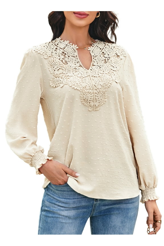 Womens Blouses Dressy Casual V Neck Long Sleeve Shirts Swiss Dot Chiffon Lace Crochet Tops Apricot L
