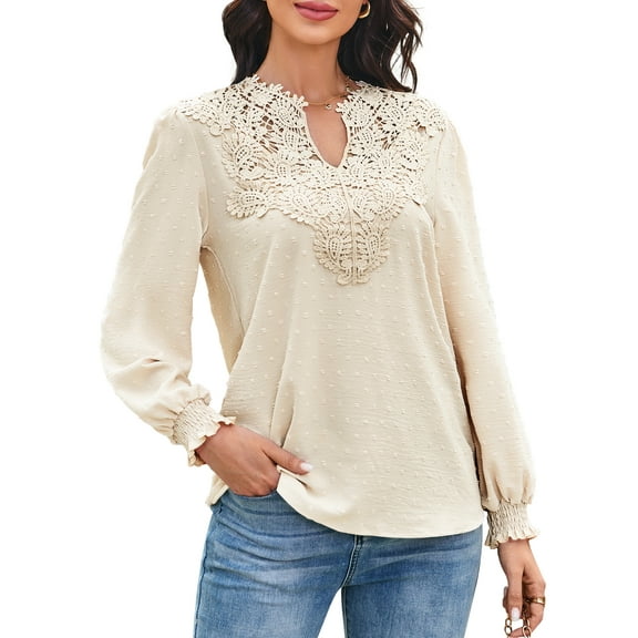 Corabera Womens Blouses V Neck Long Sleeve T Shirts Swiss Dots Tops for Women Flowy Blouse Lace Crochet Apricot XL