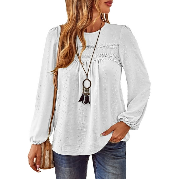 Corabera Womens Fall Blouses Crew Neck Lace Hem Basic Tee Shirts Flowy Long Sleeve Chiffon Blouses Clothing for Women White L