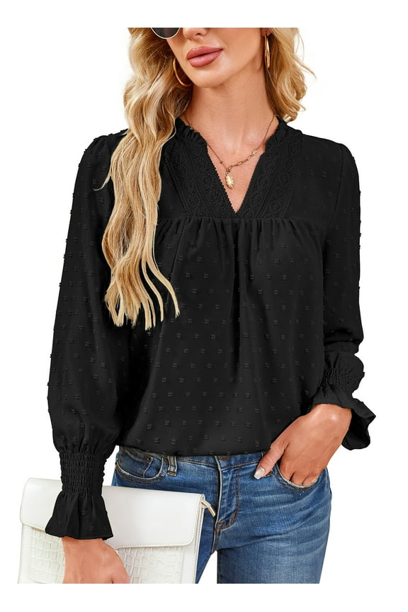 Womens Blouses Dressy Casual Ruffle Sleeve V Neck T Shirt for Women Flowy Work Blouse Boho Clothes Black L