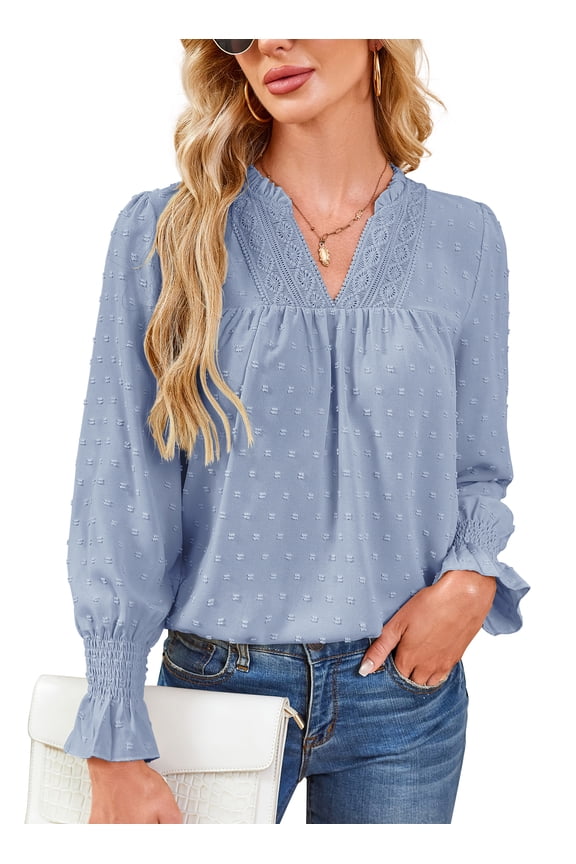 Pleated Blouses for Women Dressy Casual Long Sleeve Shirts Fall Ruffle Sleeve Tops for Women Flowy Bohemian Clothes Blue L