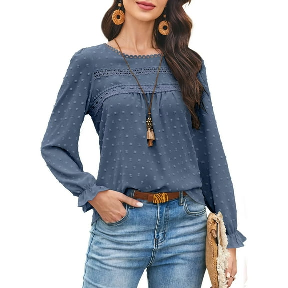 Corabera Womens Long Sleeve Shirts Crewneck Cute Tops for Women Swiss Dot Flowy Chiffon Blouse Buttons Dec 2025 Fall Clothes