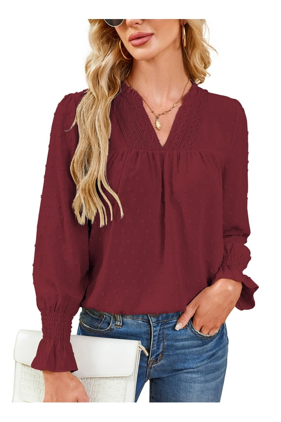Boho Tops for Women Ruffle Sleeve V Neck Cute Tops Flowy Western Shirts Loose Fit Peasant Blouses for Women Burgundy XL