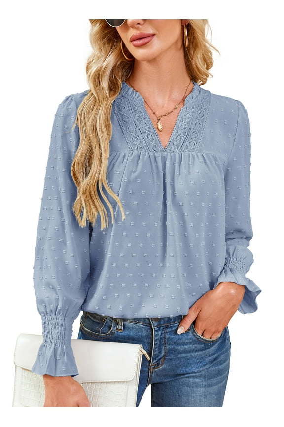 Womens Tops Dressy Casual Long Sleeve V Neck Pleated Blouses Crochet Lace Tops for Women Work Shirts Office Wear Blue XL