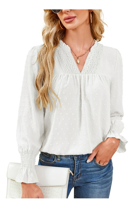 Boho Tops for Women Ruffle Sleeve V Neck Lace Tops for Women Swiss Dot White Blouses for Women 2025
