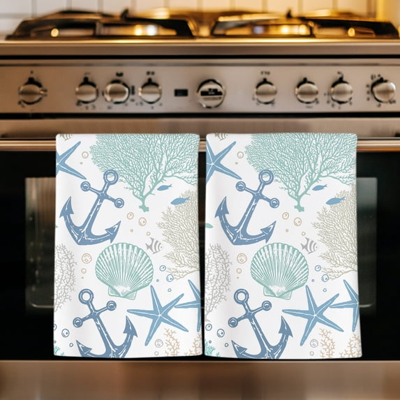 Coral Anchor Coastal Kitchen Towels Set of 4, Blue Summer Nautical Starfish Absorbent Dish Towels for Kitchen, Microfiber Hand Towel, Quick Drying Tea Towel for Cleaning Decorative Dishcloths