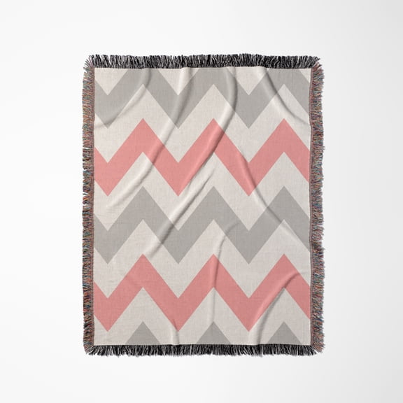 Coral And Gray Chevron Zig Zag Pattern - Orange Pink Grey Zigzags, Woven Blanket