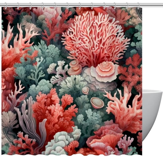 Coral Bathroom Curtains Set - Waterproof Printed Shower Curtain with Hooks - Bathroom Decoration