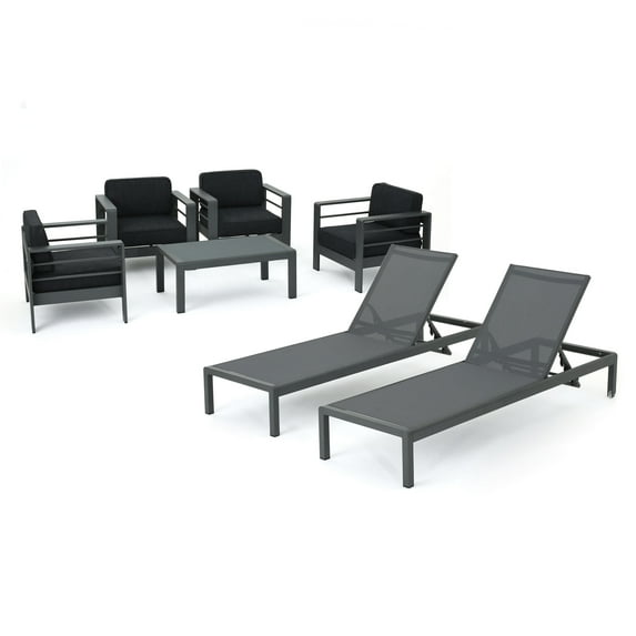 GDF Studio Crested Bay Outdoor Aluminum Club Chair Chat Set with Chaise Lounges, Gray and Dark Gray