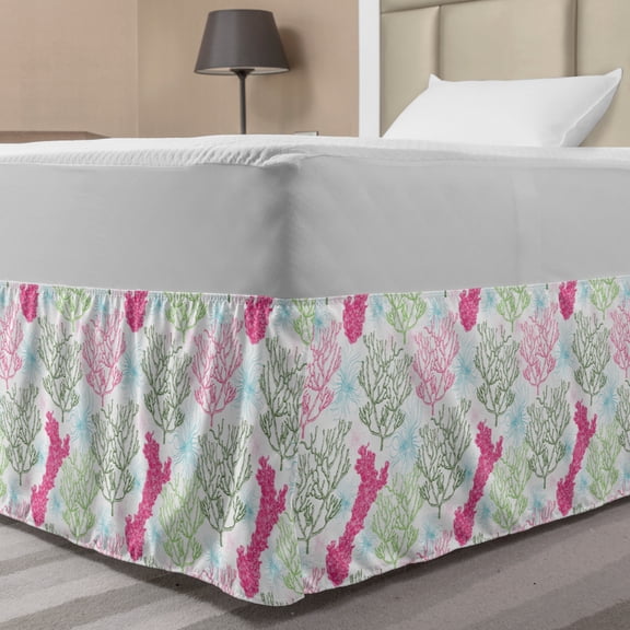 Coral Bed Skirt, Colorful Design Repetitive Underwater Seaweeds, Elastic Bedskirt Dust Ruffle Wrap Around for Bedding Decor, 4 Sizes, Pink Multicolor, by Ambesonne