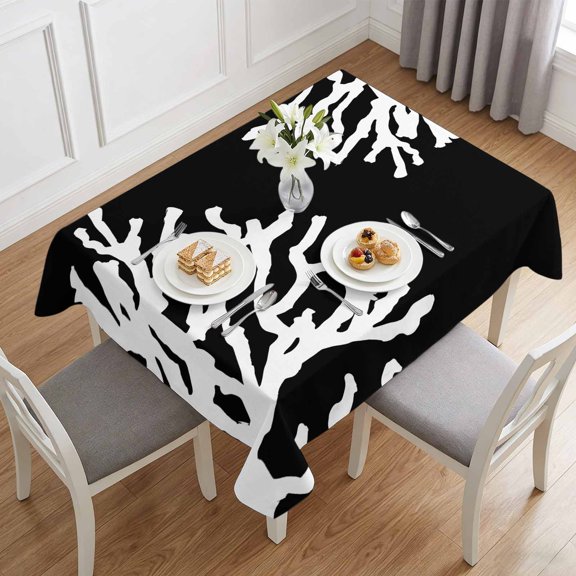 Coral on Black Background Table Cloth 60x84in, Waterproof Rectangle Tablecloth Wipeable Tablecloths White Nautical Sea Creature Table Covers for Dining Tables Party Indoor Outdoor
