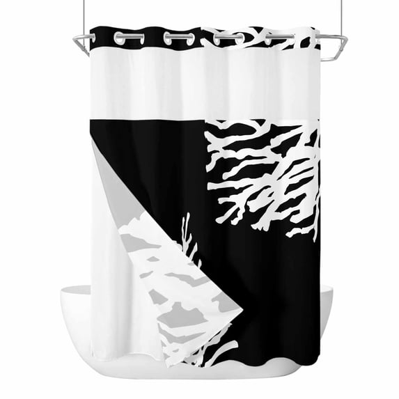 Coral Black No Hook Shower Curtain Waterproof,Bathroom Curtains with Snap in Liners and See Through Top Window,Coastal White Ocean Marine Nautical Beach Hotel Style Bathtub Curtains Shower 72"Wx96"L