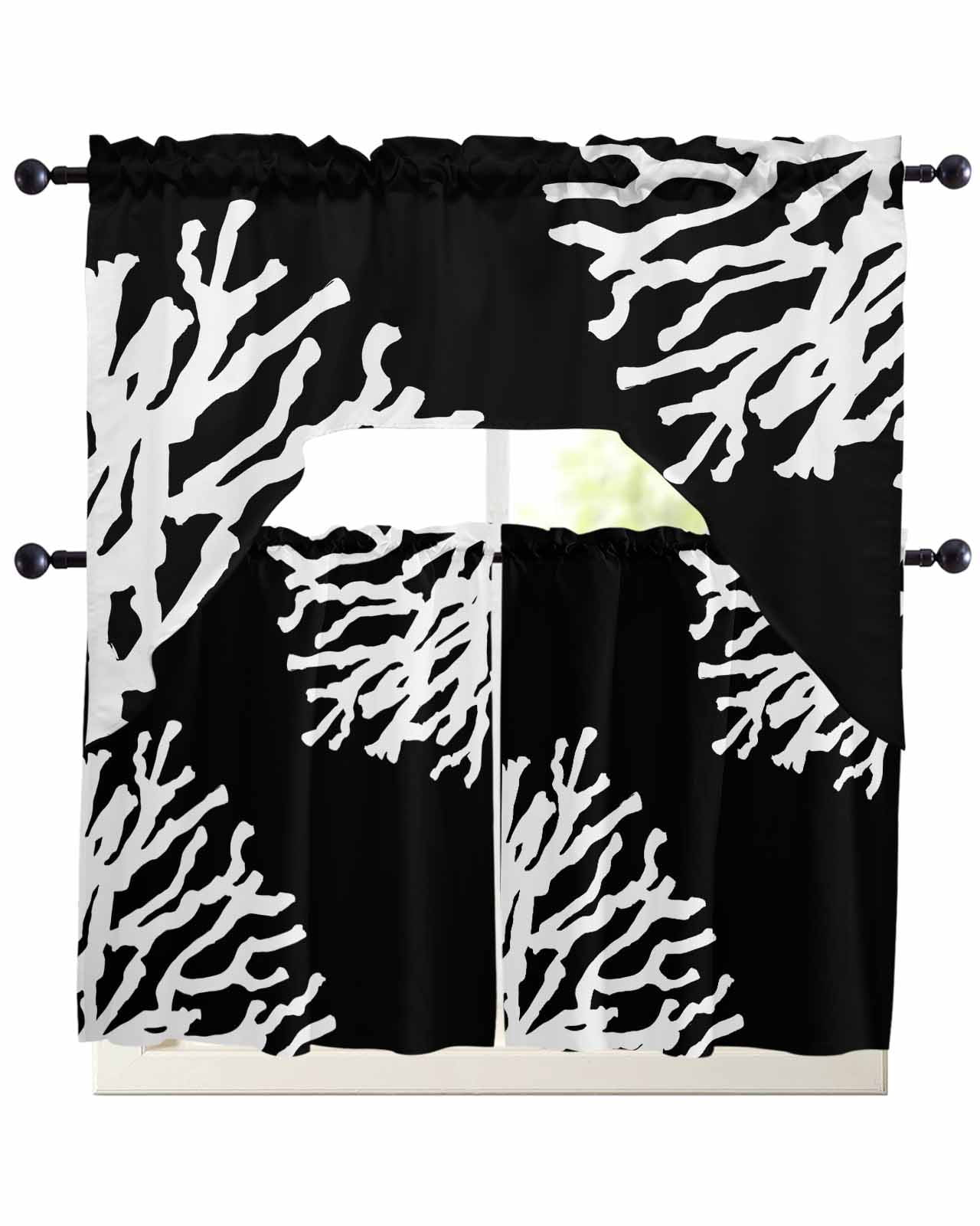 Coral Black Kitchen Curtains Sets 24 Inch Length with Valance, Coastal