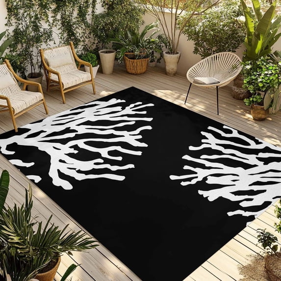Coral Black Outdoor Rug 5x8 Ft - Reversible Patio Rug Outdoor Camping Rugs, Coastal White Ocean Marine Nautical Beach Washable Indoor Outdoor Area Rugs, Non-Slip Outdoor Carpet Runner for Deck/Porch