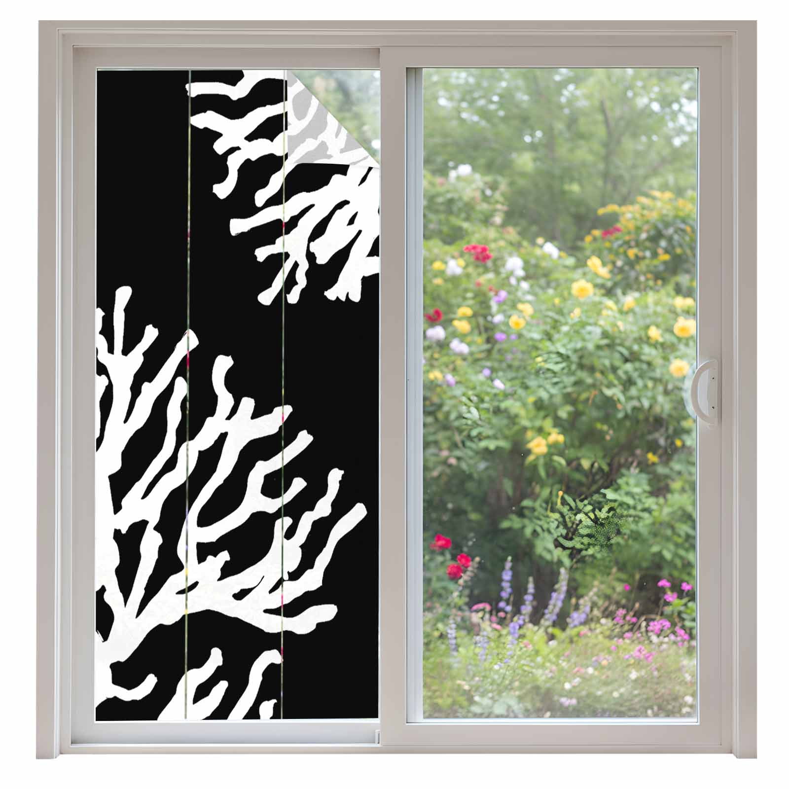 Coral Black Window Privacy Film, Coastal White Ocean Marine Nautical Beach Static Cling UV Sun Blocking Heat Control Window Tint, Non-Adhesive One Way Windows Privacy Cover 35.4''x78.7''