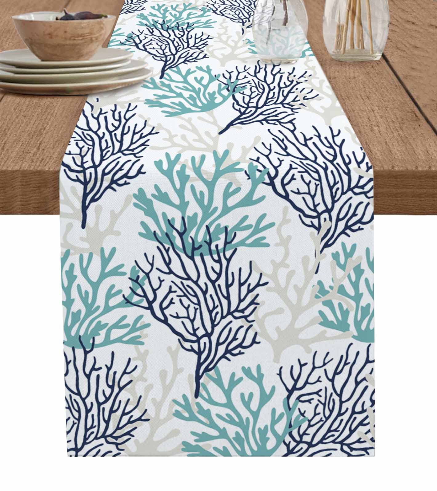 Coral Blue Table Runner Wedding Decor Table Cover Holiday Party Coffee ...