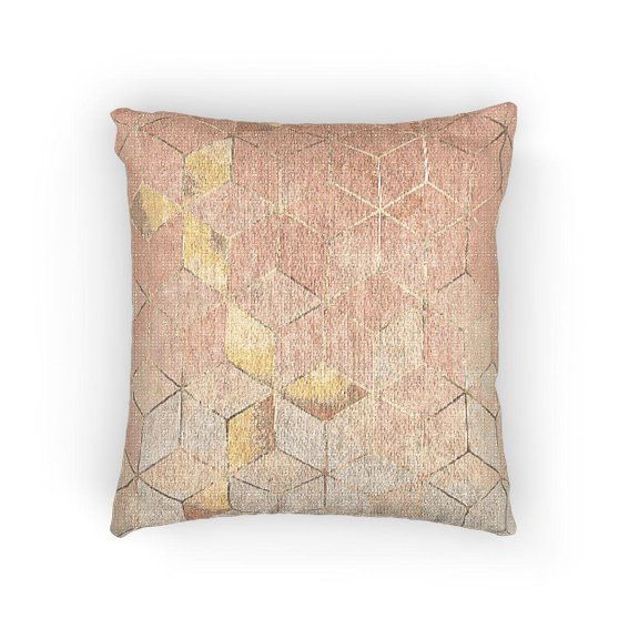 Coral Blush and Gold Geometric Cube Woven Pillow, Cotton-Polyester Shell