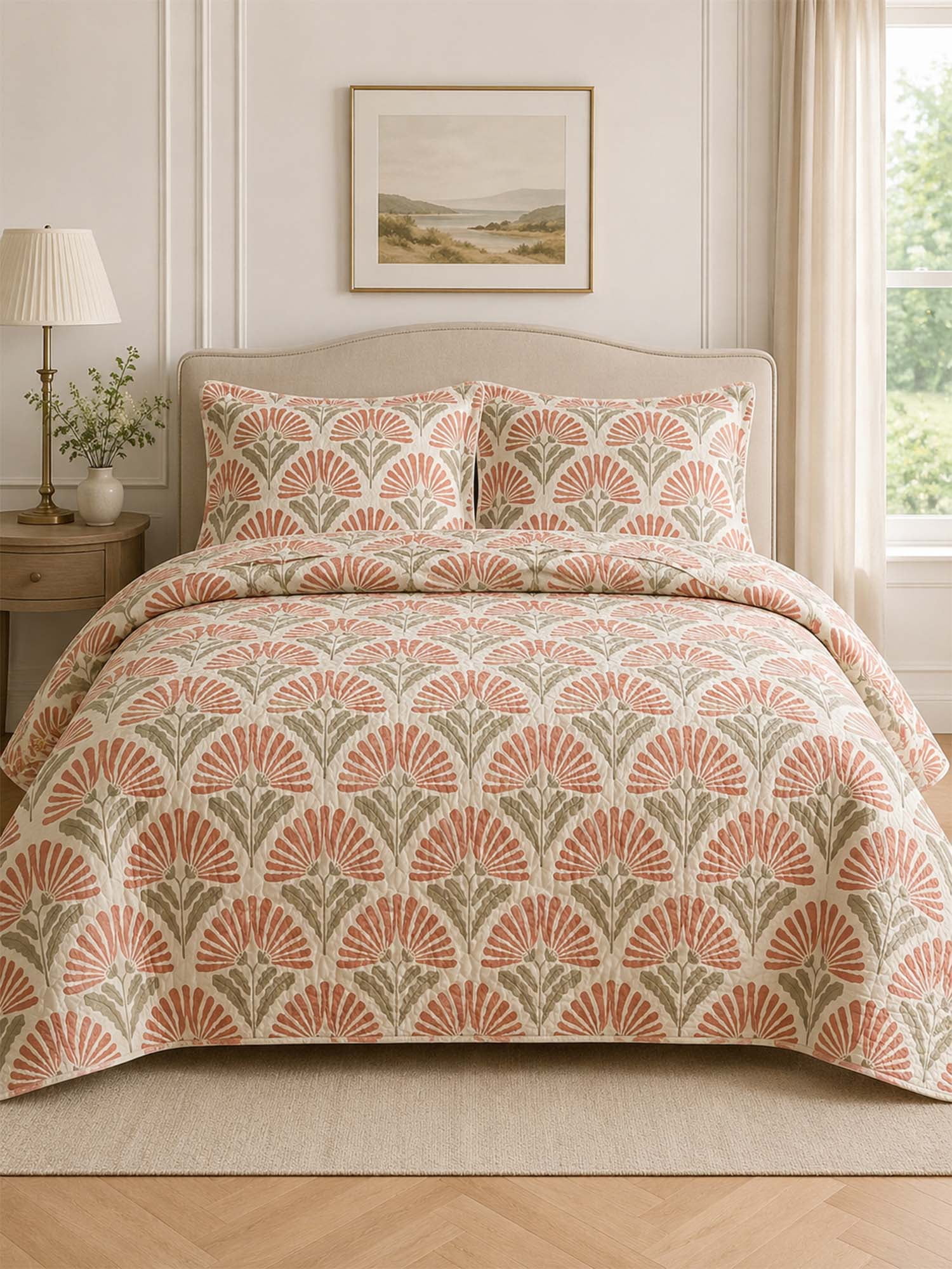 Coral Botanical Bloom Quilted 3-Piece Bedding Set - Walmart.com