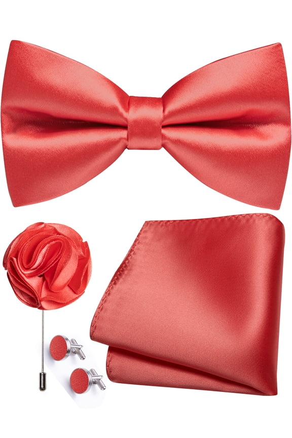 Coral Bow Ties for Men Pre-tied Silk Bowtie and Pocket Square Cufflinks Lapel Pin Set Tuxedo Wedding Party 4PCS