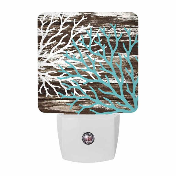 Coral Branch Night Lights, Rustic Coastal Teal White Sea Plant Brown Wood Grain Smart Auto Dusk to Dawn Sensor Nightlights Plug-in Nightlight for Bedroom Bathroom Living Room Kitchen Hallway