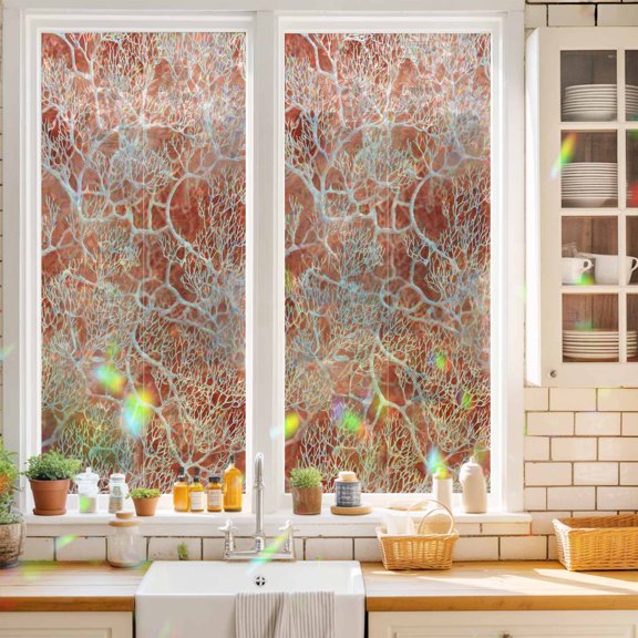 Coral Branches Window Privacy Film Boho Abstract Rustic Veins Coral Red Pink Vintage Static Cling Stained Glass Window Film Non-Adhesive Decorative Decals Rainbow Sticker 19.6"X39.3"