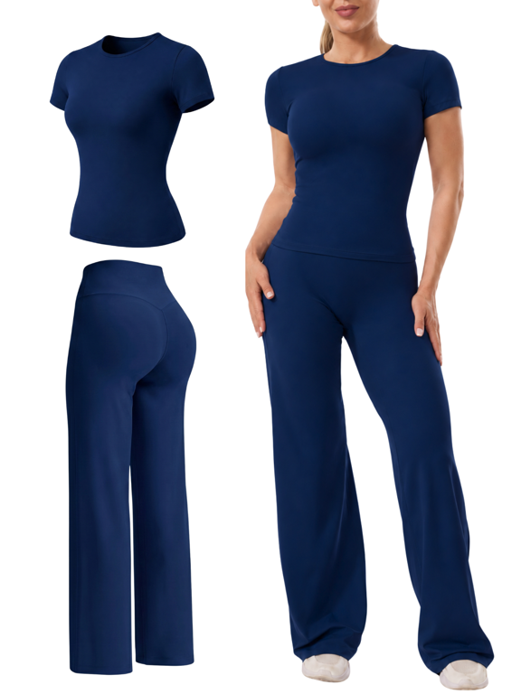 2 Piece Outfits Leggings Workout Sets for Women, Short Sleeve Fitted Tee and High Waisted Straight Leg Pants, for Gym Training, Yoga, Athletic Pilates Outfits Activewear,