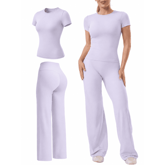 Coral Canton 2 Piece Outfits Leggings Workout Sets for Women, Short Sleeve Fitted Tee and High Waisted Straight Leg Pants, for Gym Training, Yoga, Athletic Pilates Outfits Activewear,
