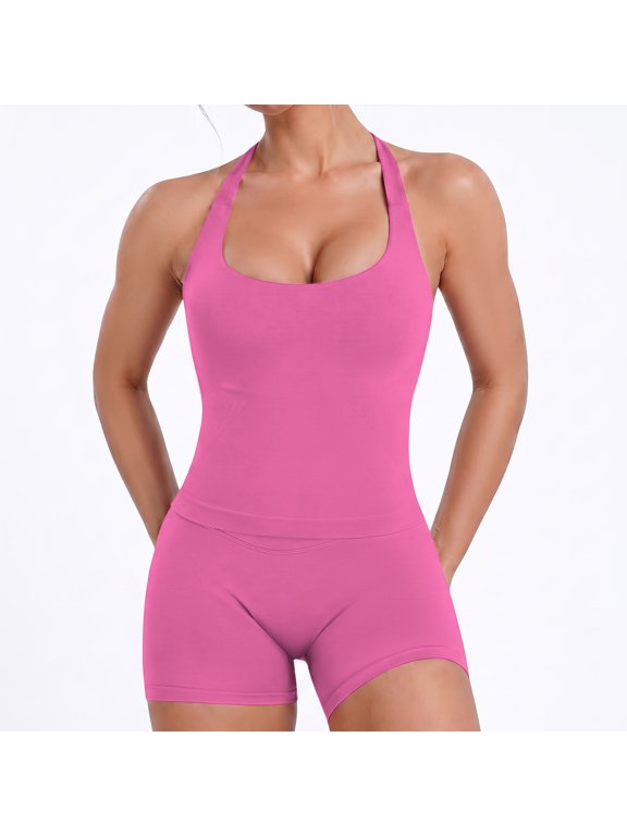 Women's 2 Piece Workout Set, Seamless Halter Tank Top with Removable Pads and High Waisted Biker Sports Shorts, Blossom-XS
