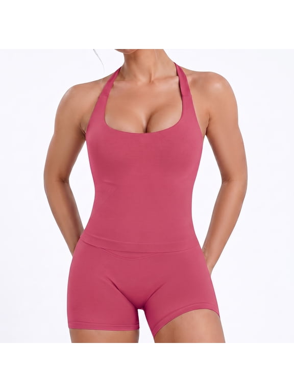 Women's 2 Piece Workout Set, Seamless Halter Tank Top with Removable Pads and High Waisted Biker Sports Shorts, Raspberry-M