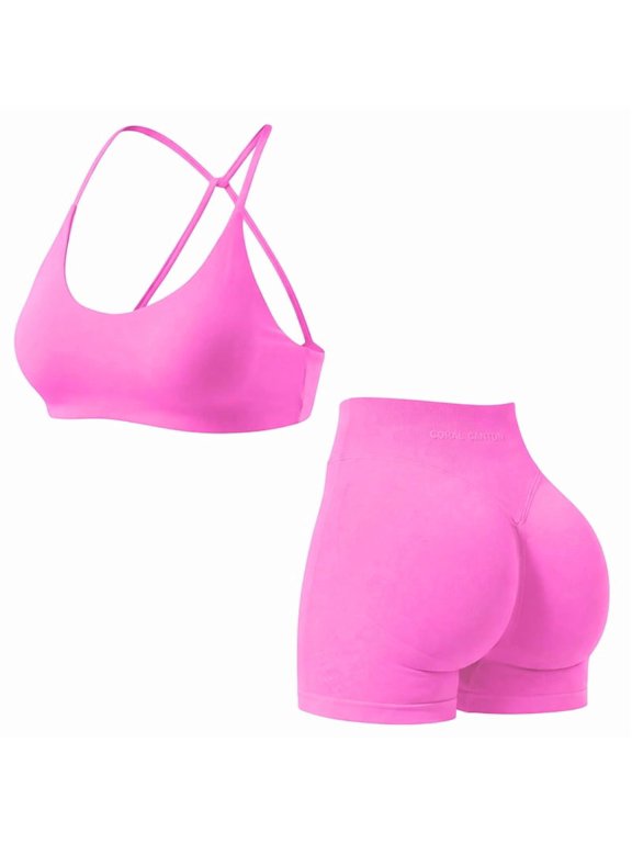 Women's 2 Piece Workout Set, Seamless Padded Halter Sports Bra and High Waisted Biker Shorts