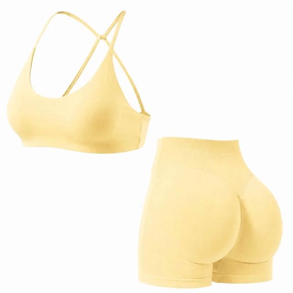 Coral Canton Women's 2 Piece Workout Set, Seamless Padded Halter Sports Bra and High Waisted Biker Shorts