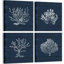 Coral Canvas Wall Art Prints Ocean Navy Blue Coastal Artwork Beach Home Decor Picture Framed Ready to Hang 12"x12"x4 Pieces