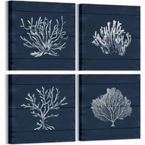 Coral Canvas Wall Art Prints Ocean Navy Blue Coastal Artwork Beach Home Decor Picture Framed Ready to Hang 12"x12"x4 Pieces