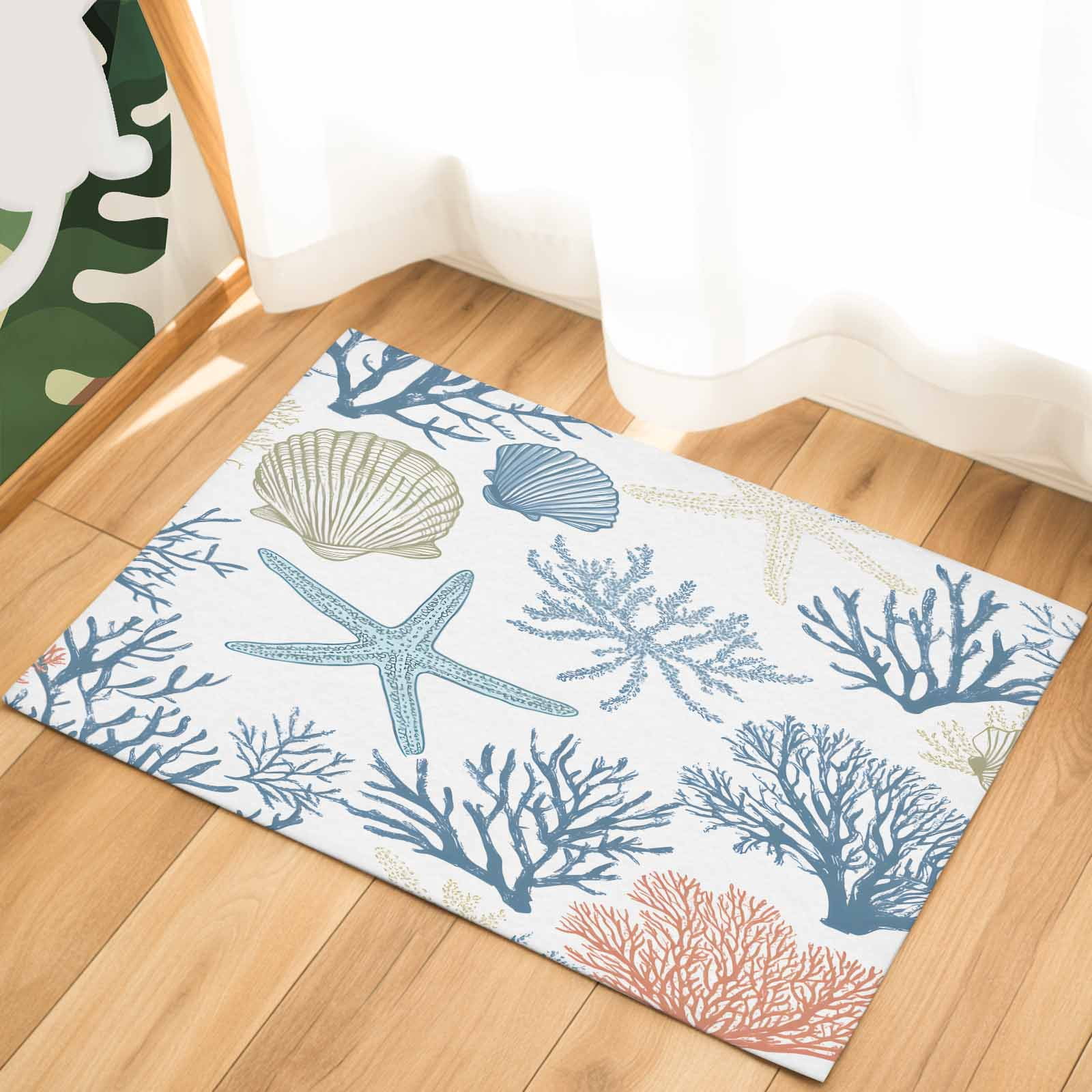 Coral Coastal Indoor Door Mat - 16"x24", Non-Slip Welcome Mat for Outdoor, Summer Beach Starfish Nautical Shell Front Doormat for Entry, Low-Profile Doormat Entrance Rug for Kitchen/Bathroom