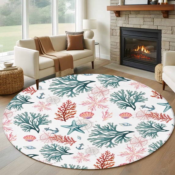 Coral Coastal Round Area Rug 8Ft Washable Large Circle Rugs for Living Room Dorm, Blue Red Nautical Summer Beach Ocean Non-Slip Carpet Floor Mats Indoor Outdoor Carpet Runner Aesthetic Home Decor