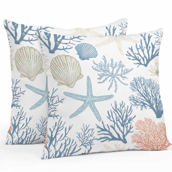 Coral Coastal Throw Pillow Covers 18x18 Inch Set of 2, Summer Beach Starfish Nautical Shell Waterproof Outdoor Pillow Covers, Decorative Cushion Pillowcases for Couch, Sofa, Bed, Garden, Patio