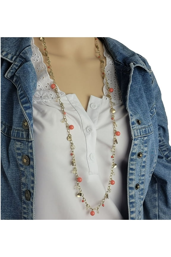 Coral Color Beaded Fringe Dangle Gold Tone Chain Necklace 38"-41" Ladies Adult Female