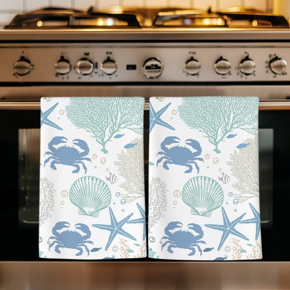 Coral Crab Coastal Kitchen Towels Set of 1, Blue Summer Nautical Starfish Absorbent Dish Towels for Kitchen, Microfiber Hand Towel, Quick Drying Tea Towel for Cleaning Decorative Dishcloths