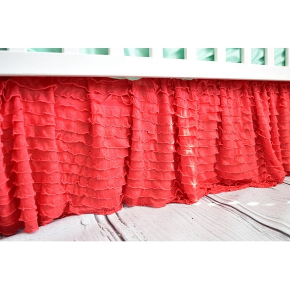 Coral Crib Skirt, Dust Ruffle for Baby Girl Nursery Bedding, Shabby Chic Luxury Vintage Cottage Style for Newborn Bedroom Decor