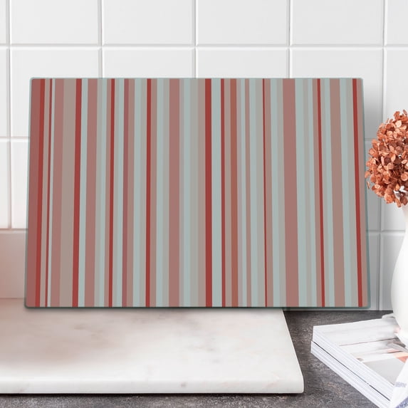 Coral Cutting Board, Vertically Striped Retro Pattern in Soft Colors Pinkish Old Fashioned, Decorative Tempered Glass Cutting and Serving Board, Large Size, Coral Pale Pink White, by Ambesonne