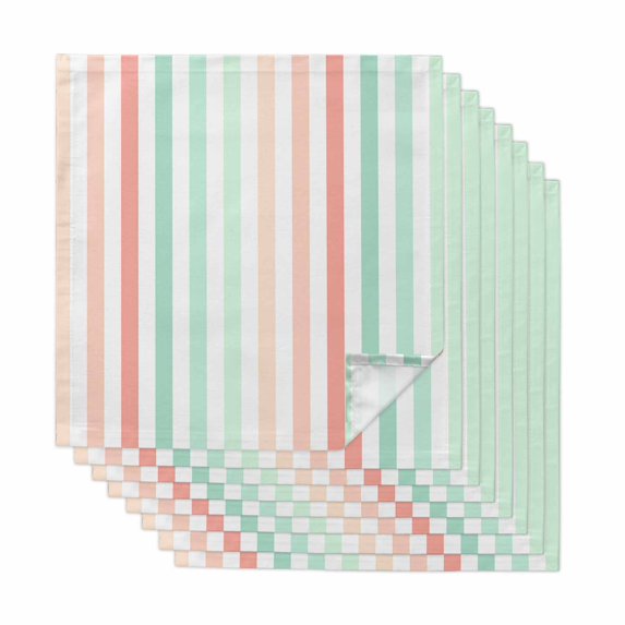 Coral Cyan Stripe Cloth Napkins, Geometric Grey White Vertical Striped Washable and Reusable Dinner Napkins Set of 8, Table Napkin for Kitchen Party Birthday Wedding Hotel Housewarming 20"x20"